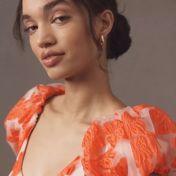 NWT By Anthropologie Puff-Sleeve Scoop-Neck Babydoll Mini Dress Sz L - Picture 6 of 14